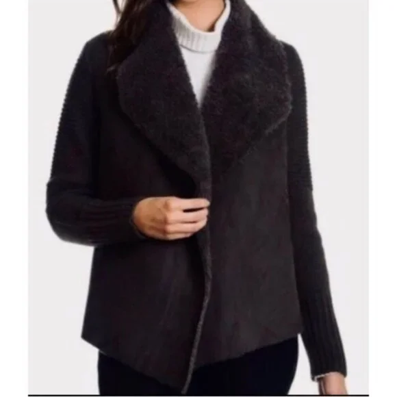 Chelsea & Theodore Suede Draped Open Front Cardigan Sweater - Picture 5 of 5